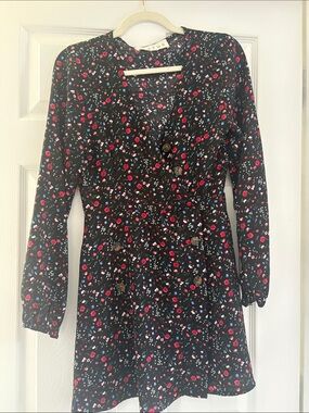 Black Floral Button-Front Mini Dress with Red & Blue Flowers